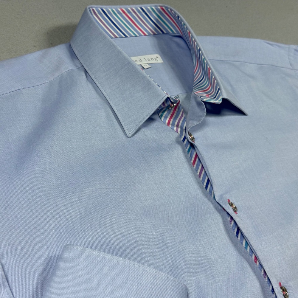 Jared Lang Mens XL Light Blue Long Sleeve Button Down Shirt Striped Trim Fit